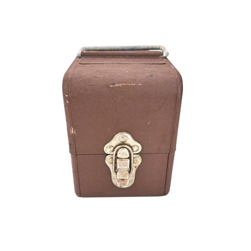 Vintage Simonsen 8mm Film Canister Case Brown Metal Handle Latch Holds 6 Cans